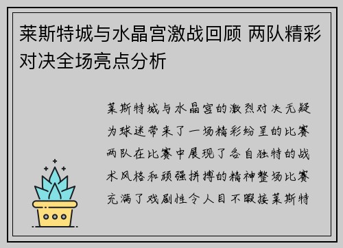 莱斯特城与水晶宫激战回顾 两队精彩对决全场亮点分析